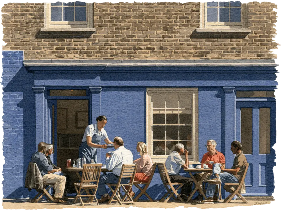 Watercolor illustration of people at a cafe